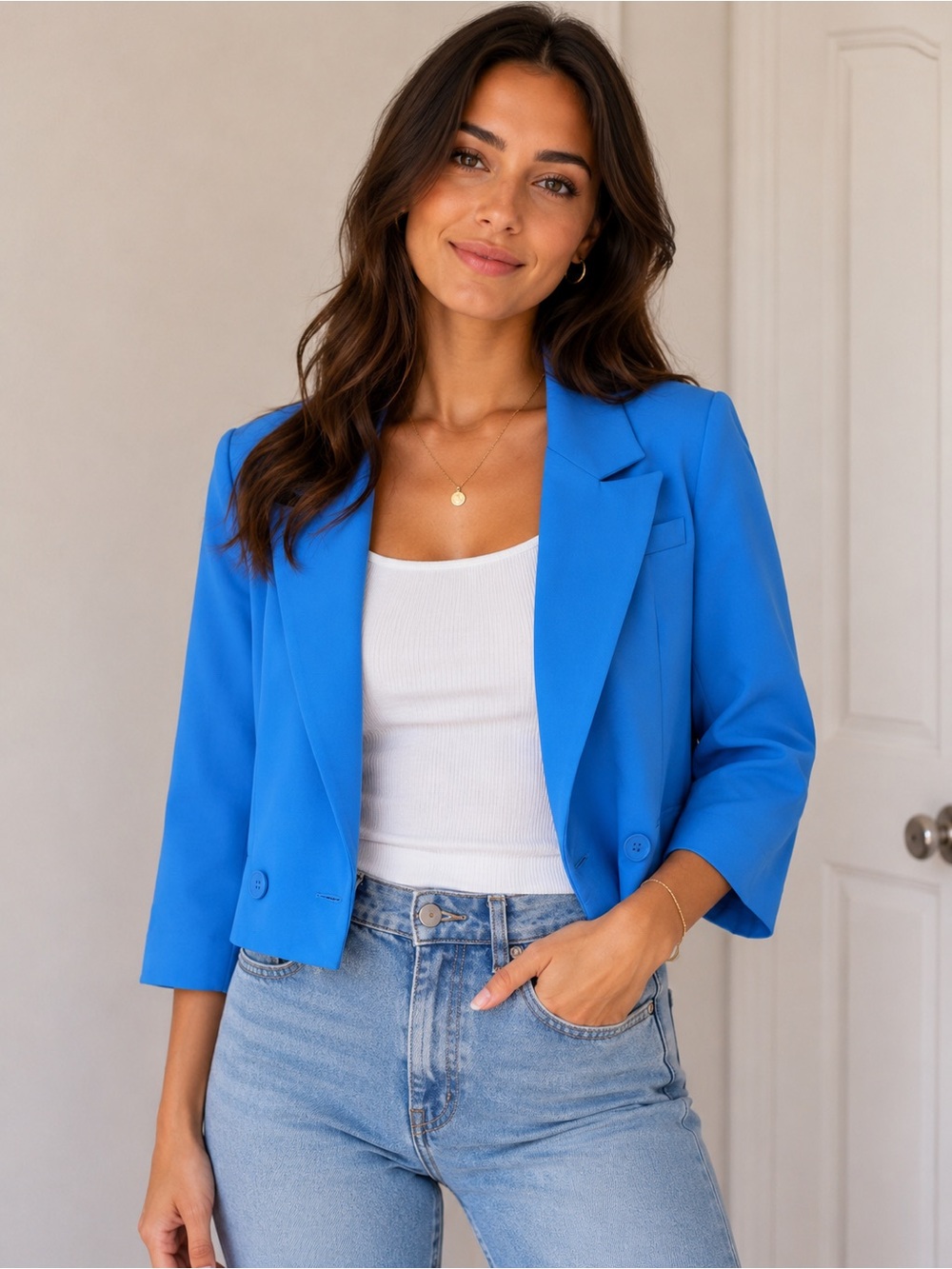 Women's Cropped Bright Blue Blazer Jacket - Tailored Open Front